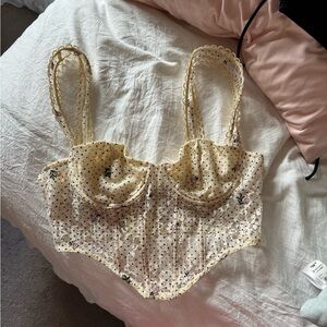 Hazel Boutique Lace-Trim Floral Bustier Top in Cream